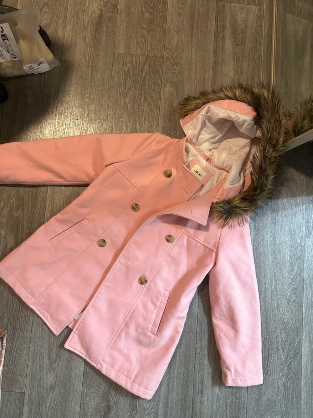 Cherokee Pink Hooded Pea Coat with Faux Fur Trim
